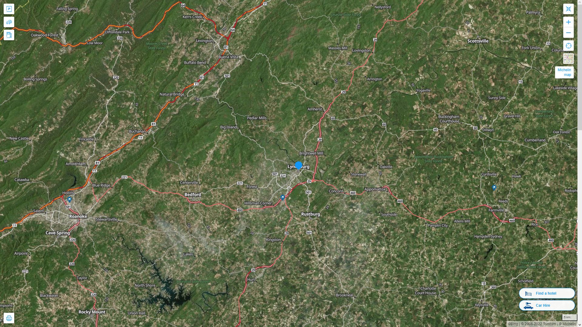 Lynchburg Virginia Highway and Road Map with Satellite View